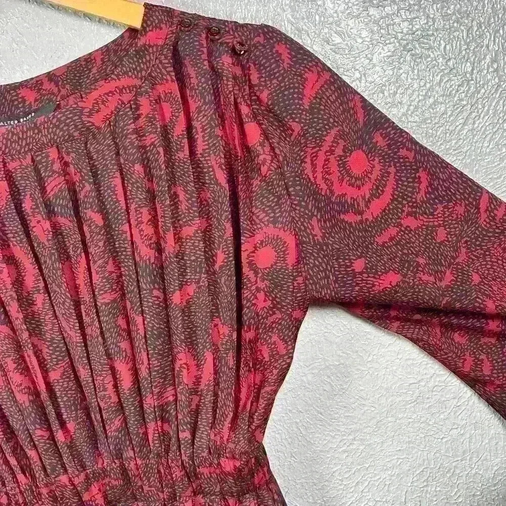 WALTER BAKER Vintage Look Fit Flare Long Sleeve Silky Pleated Dress Small 6 - Picture 13 of 14